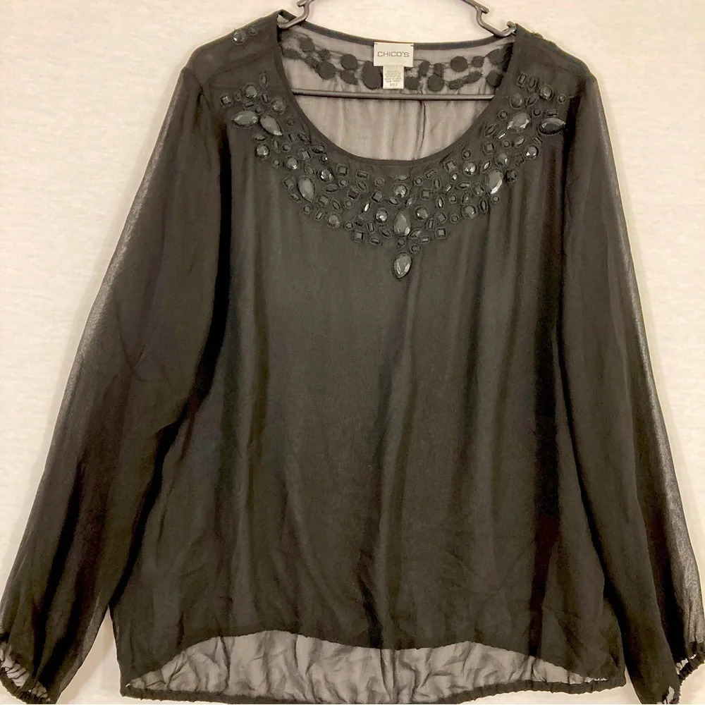 Chico's Black Embellished‎ 100% Silk Sheer Casual Top size Large